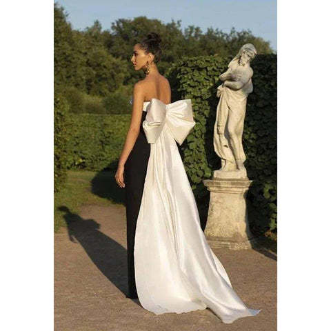 Vestido de noche largo sin mangas, con escote en V y lazo, en blanco y negro