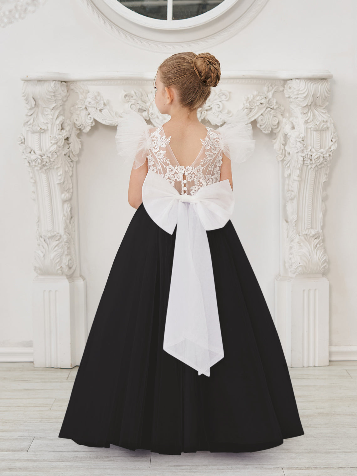 Vestido de niña de las flores con cola de tul y encaje desmontable 