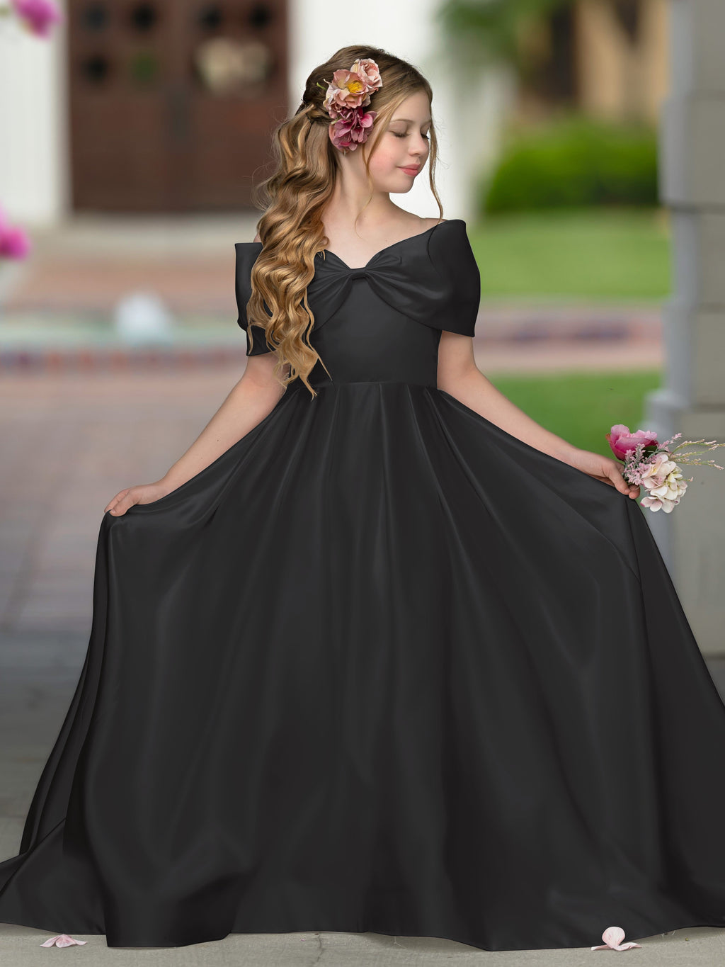 Robe de bal princesse élégante en satin ivoire avec traîne et nœud pour demoiselles d'honneur 