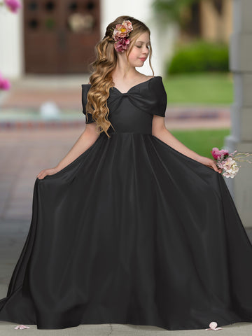 Elegante vestido de princesa de satén marfil con cola y lazo para niñas de las flores 