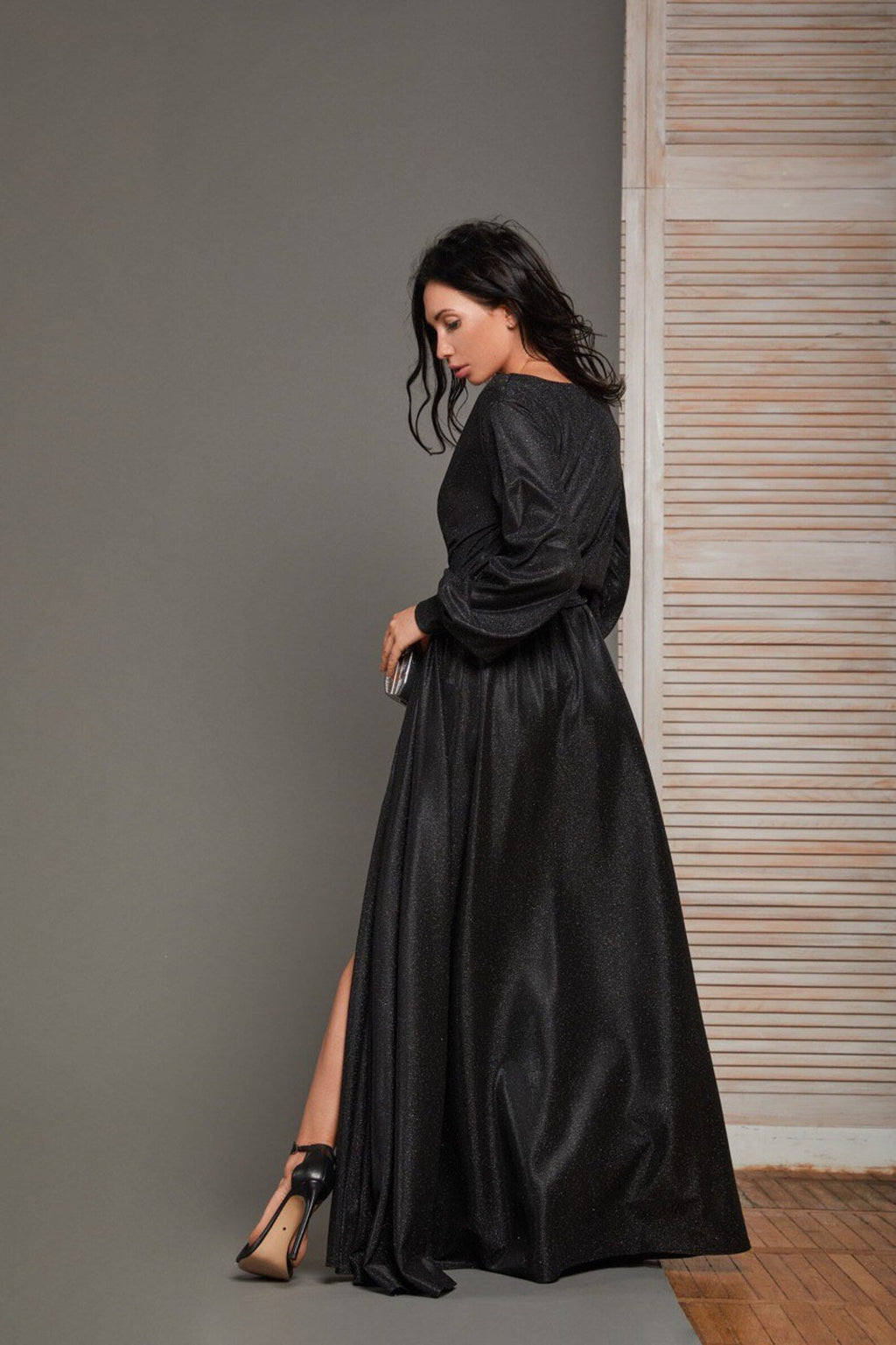 Vestido de fiesta largo con mangas abullonadas y purpurina para mujer, con abertura, ideal para eventos formales de noche (SYP01)
