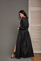 Vestido de fiesta largo con mangas abullonadas y purpurina para mujer, con abertura, ideal para eventos formales de noche (SYP01)