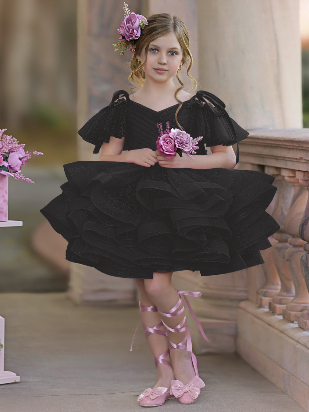 Vestido de princesa/vestido de tul hasta la rodilla para niña de las flores de cumpleaños