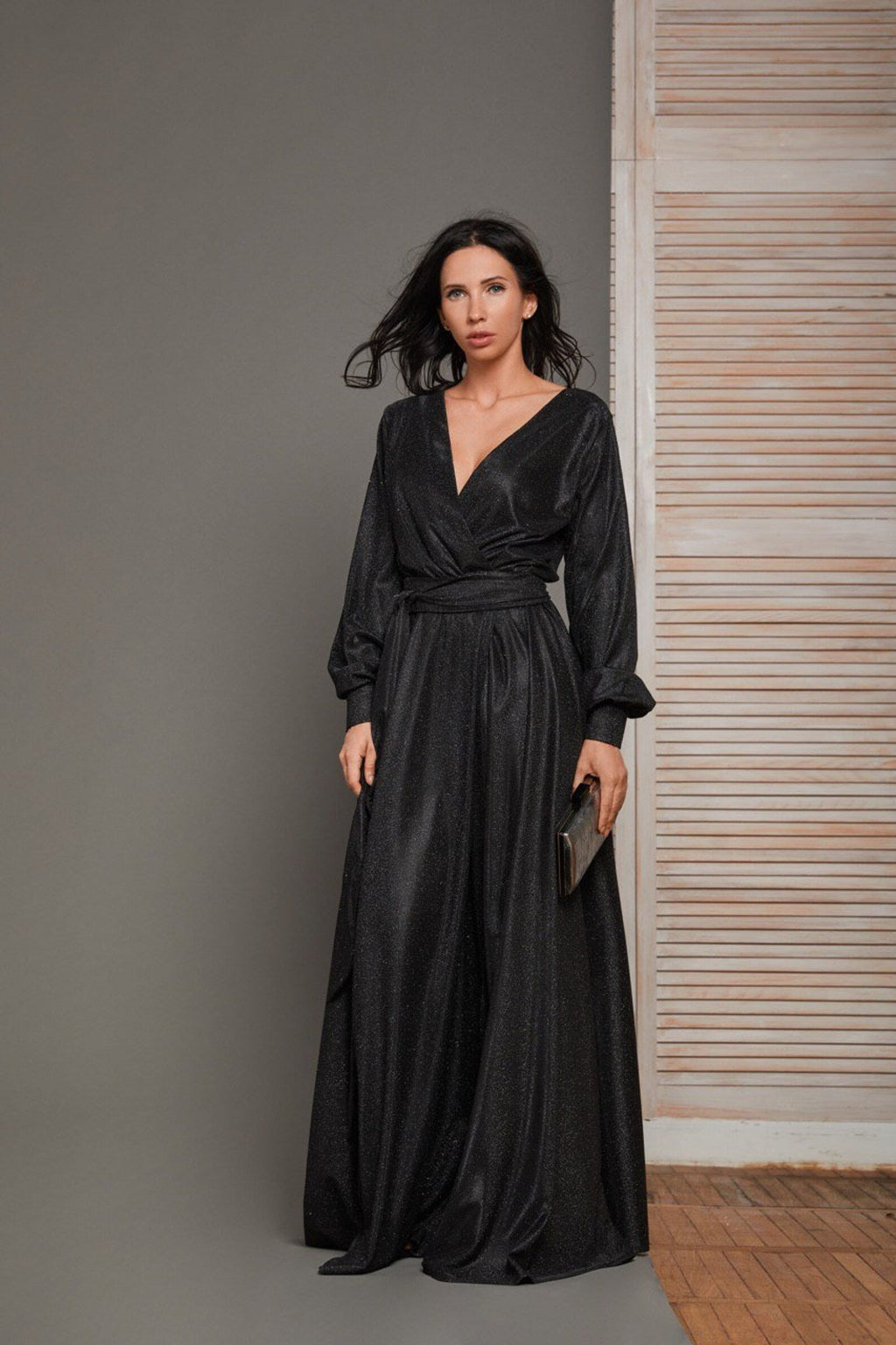 Vestido de fiesta largo con mangas abullonadas y purpurina para mujer, con abertura, ideal para eventos formales de noche (SYP01)