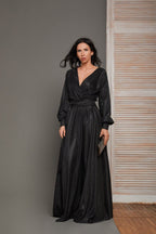 Vestido de fiesta largo con mangas abullonadas y purpurina para mujer, con abertura, ideal para eventos formales de noche (SYP01)