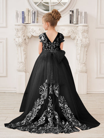 Vestido rosa de niña de las flores, corte en A, encaje, tul y cola corta 