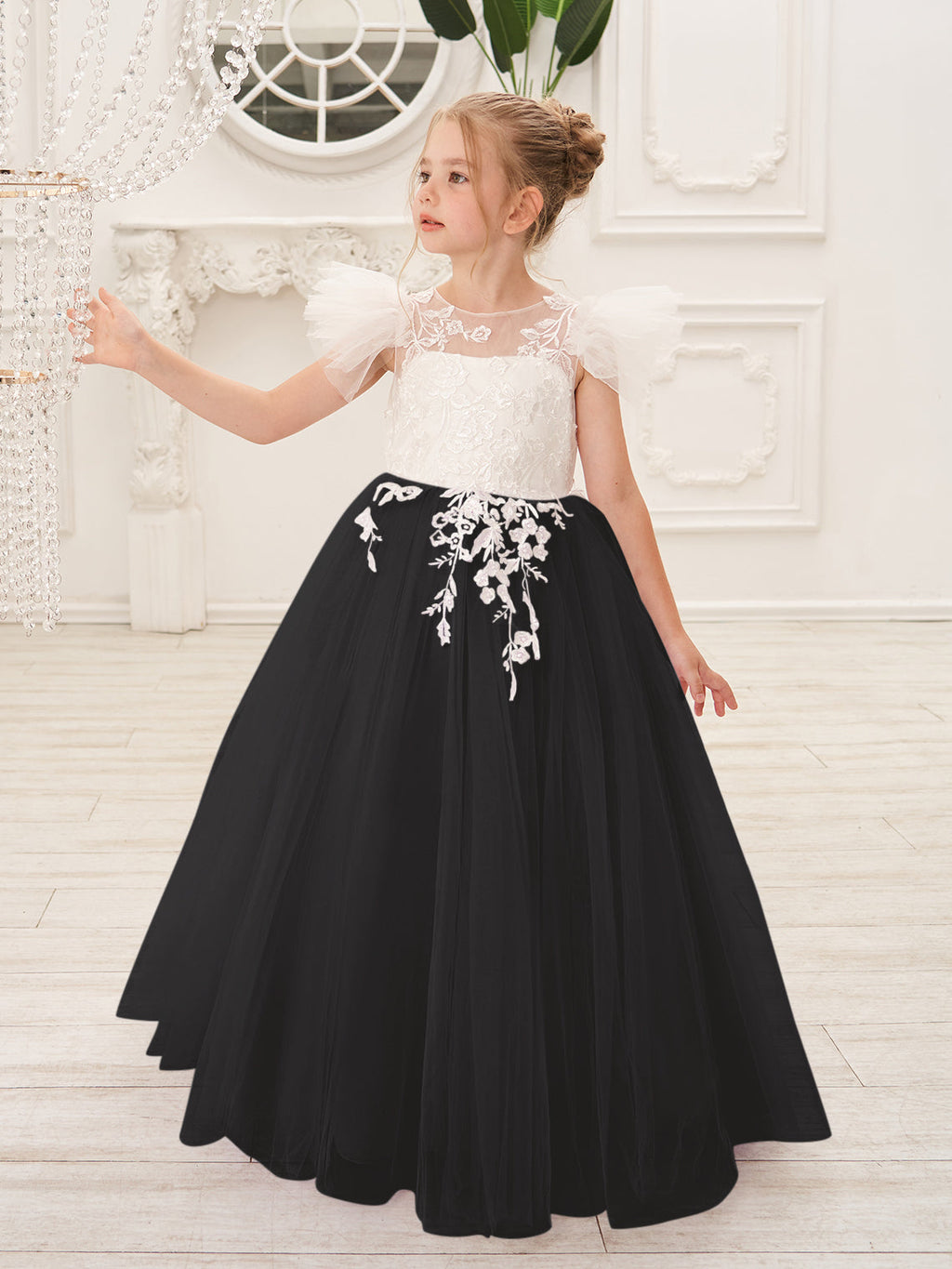 Vestido de niña de las flores con cola de tul y encaje desmontable 