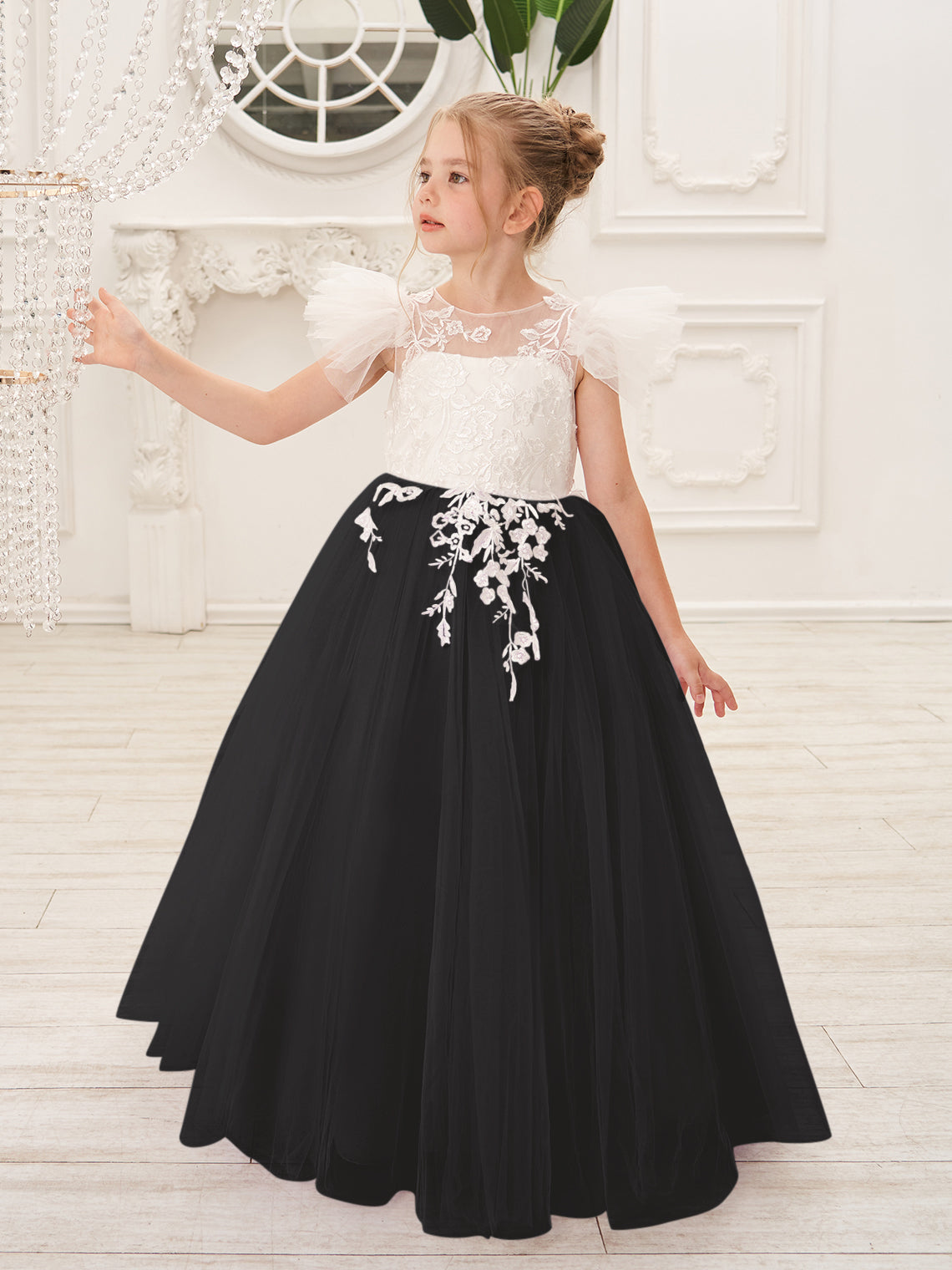 Vestido de niña de las flores con cola de tul y encaje desmontable