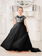 Vestido rosa de niña de las flores, corte en A, encaje, tul y cola corta 