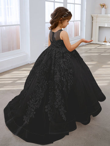 Vestido de princesa rosa para niñas con apliques de encaje 