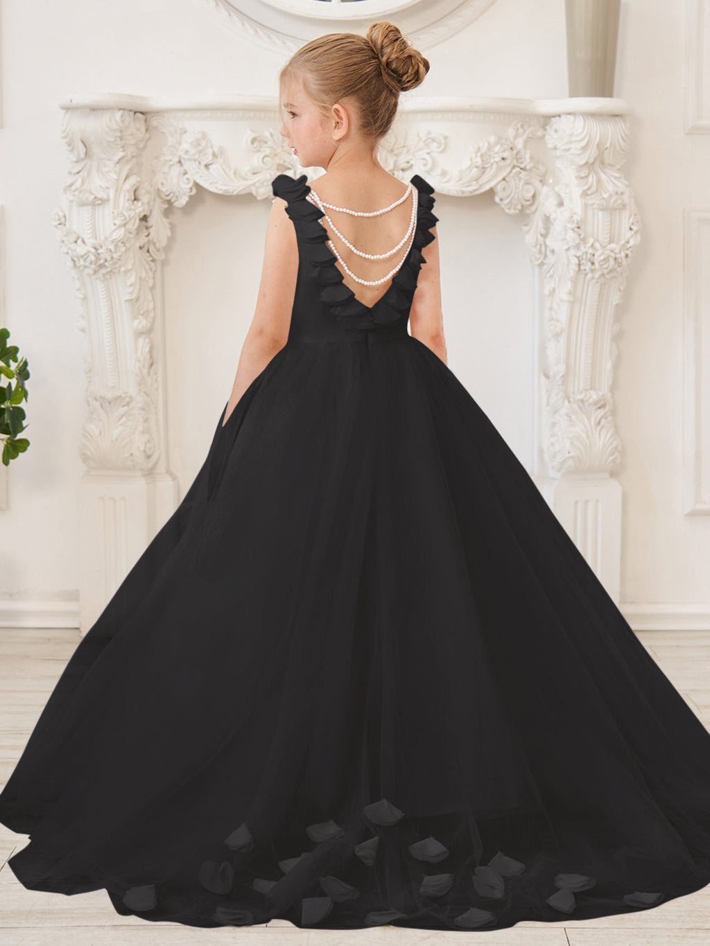 Elegante vestido blanco de tul para niña de las flores con cola corta 