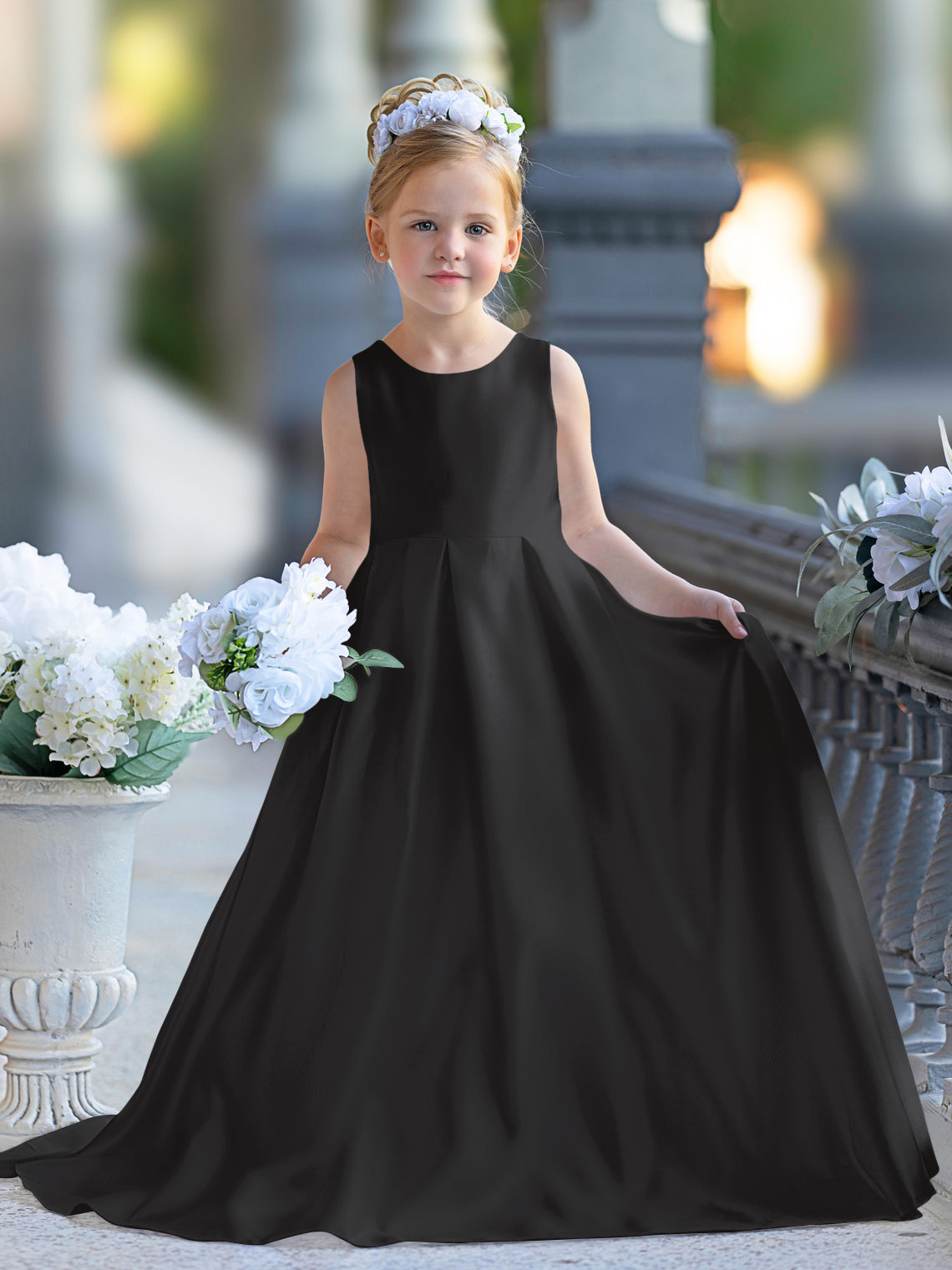 Vestido de niña de las flores para la Primera Comunión, corte en A, encaje y satén, hasta el suelo 