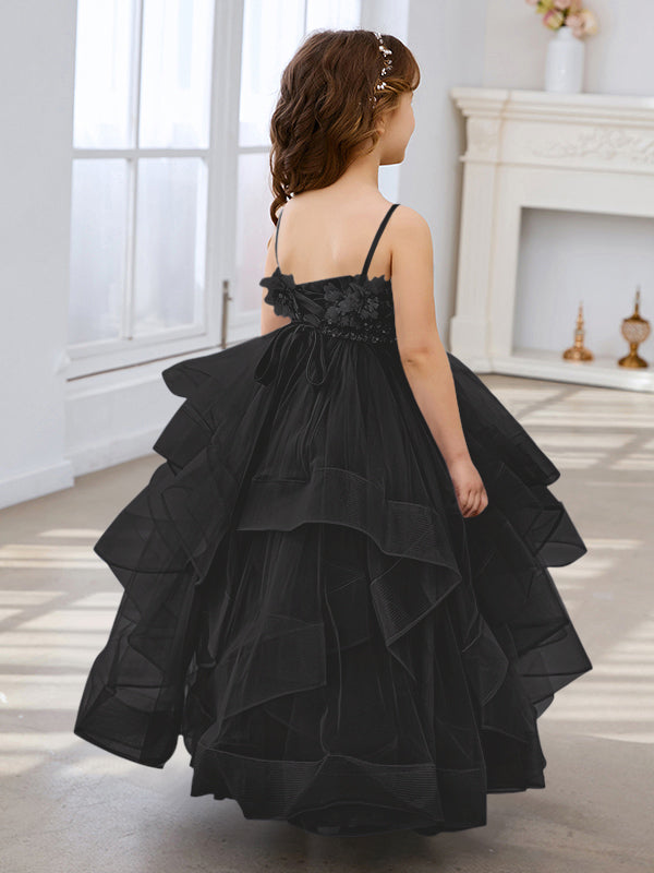 Vestido de niña de las flores de tul sin mangas, corte princesa, azul pizarra, corte en A, estilo princesa 