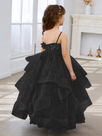 Vestido de niña de las flores de tul sin mangas, corte princesa, azul pizarra, corte en A, estilo princesa 