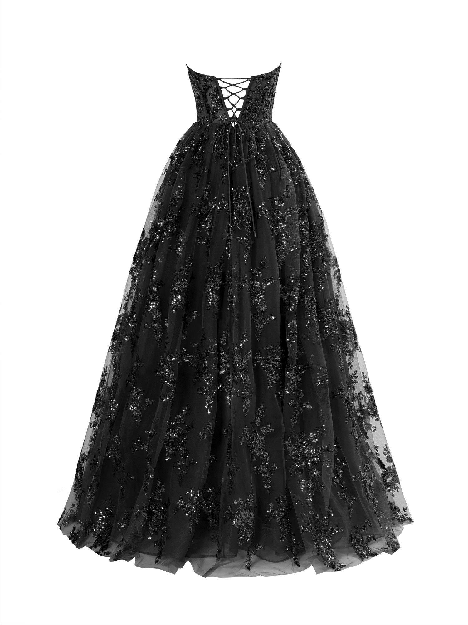 Vestido largo de fiesta plisado sin tirantes de corte en A con apliques