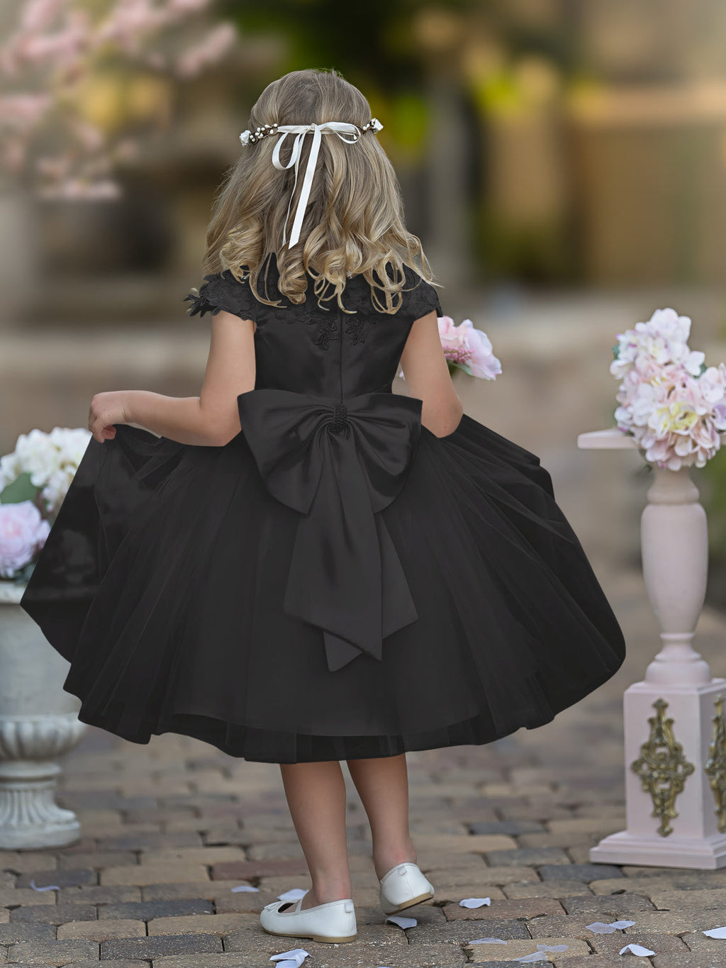 Vestido de niña de las flores de la Primera Comunión, color marfil, de tul satinado hasta la rodilla 