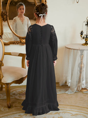 Vestido de Primera Comunión color marfil, corte en A, de gasa hasta el suelo 