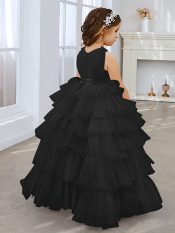 Robe de bal/robe de princesse rose perle sans manches en tulle avec nœud pour demoiselle d'honneur 