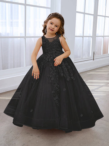 Vestido de princesa rosa para niñas con apliques de encaje 
