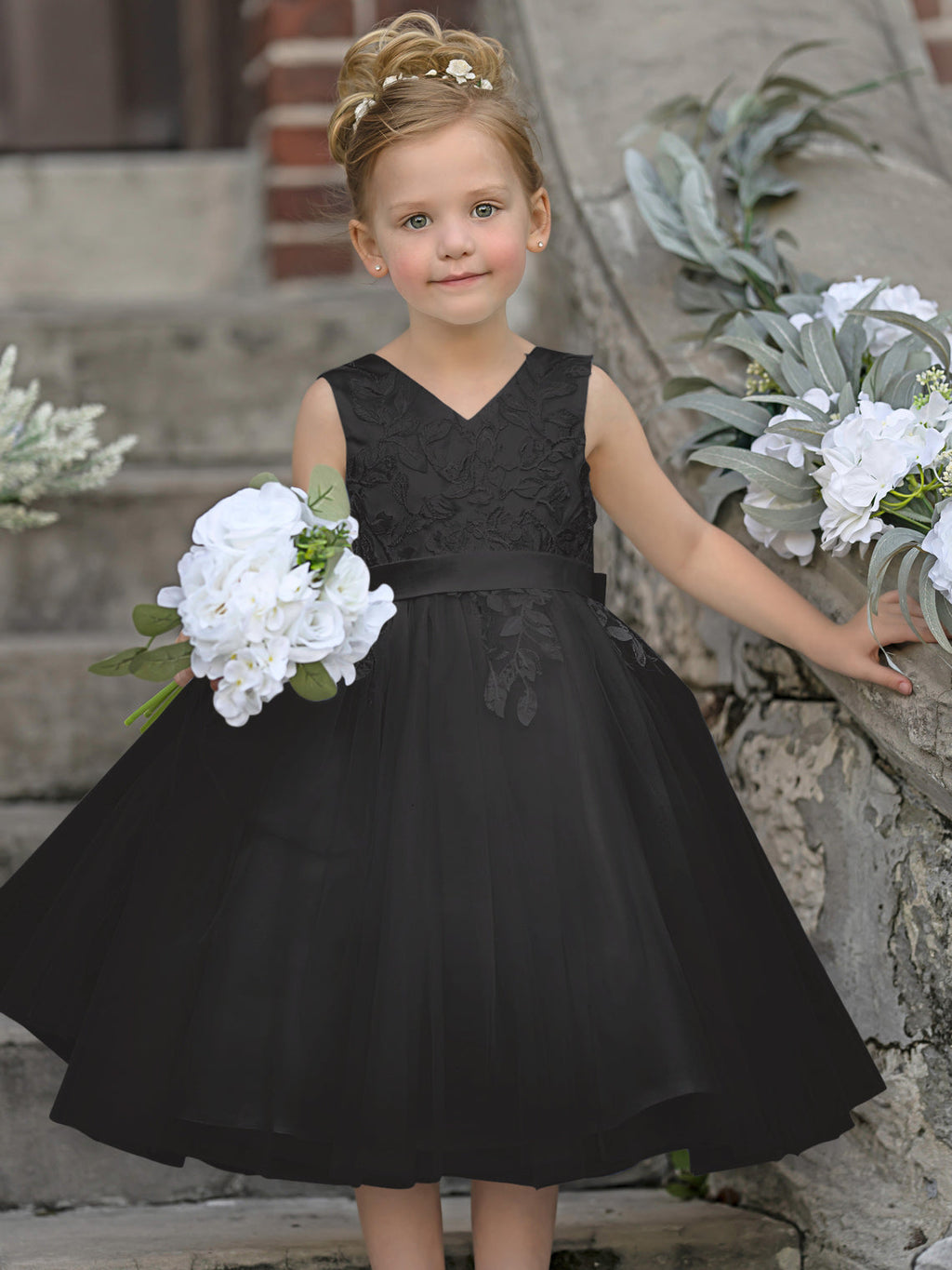 Robe de demoiselle d'honneur sans manches en dentelle et tulle, longueur genou 