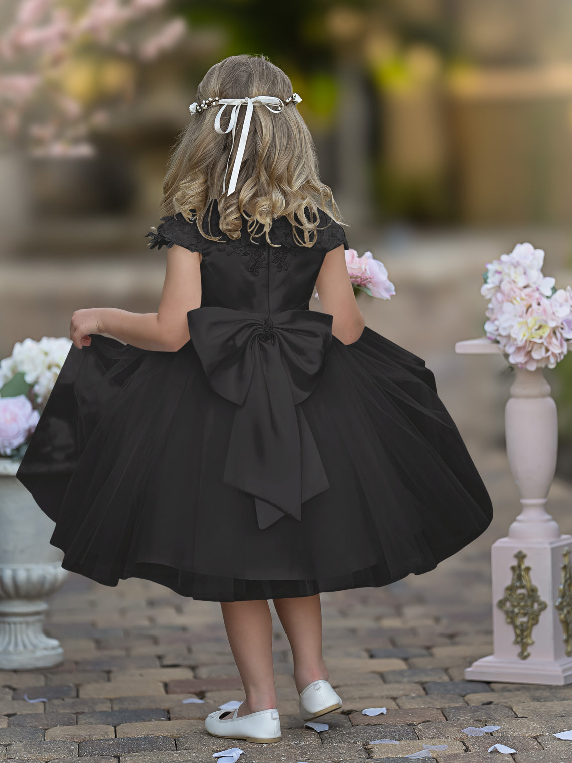 Vestido de niña de las flores de la Primera Comunión, color marfil, de tul satinado hasta la rodilla 