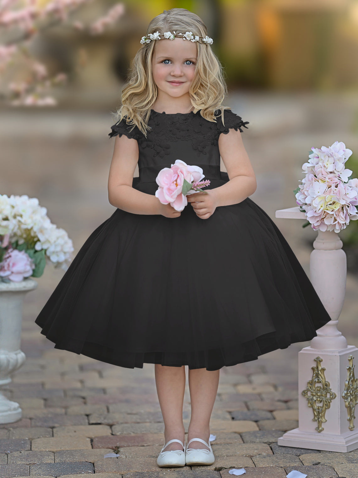 Vestido de niña de las flores de la Primera Comunión, color marfil, de tul satinado hasta la rodilla 