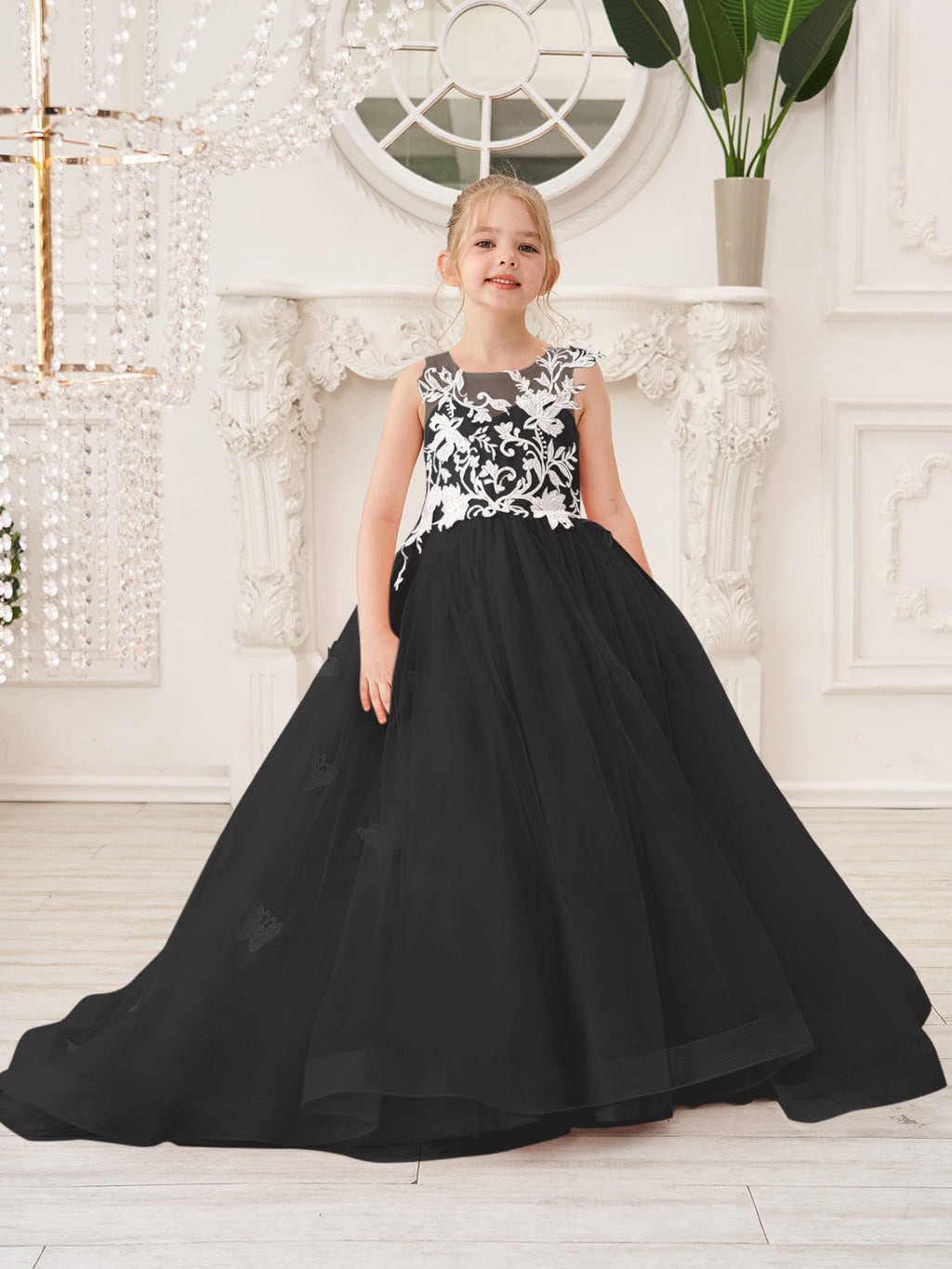 Elegante vestido de princesa sin mangas de tul para niña de las flores, corte en A 