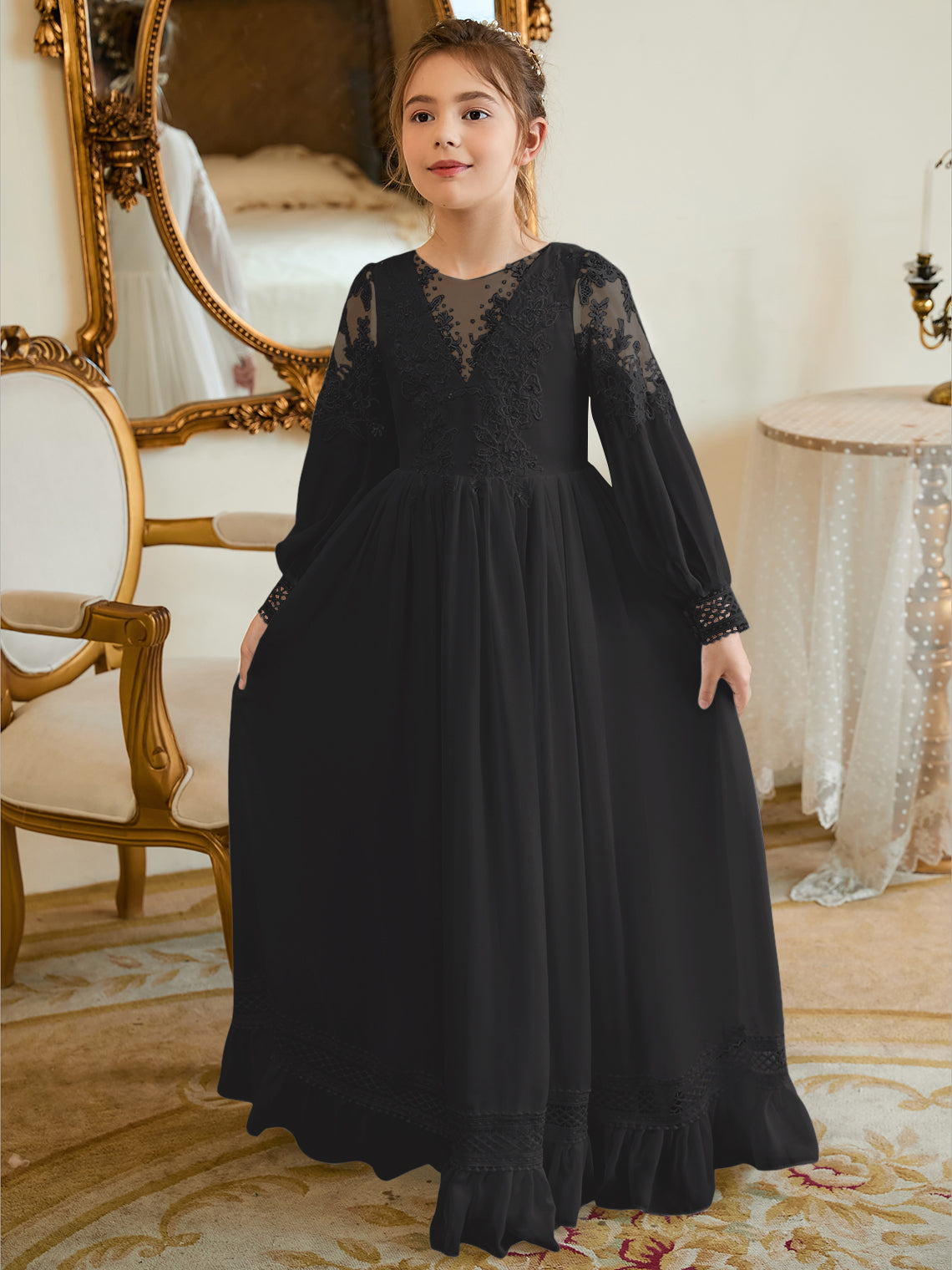 Vestido de Primera Comunión color marfil, corte en A, de gasa hasta el suelo 