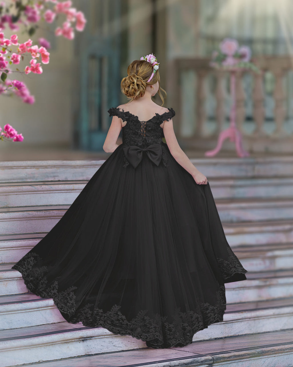 Vestido de gala/princesa rosa con cola de encaje para cumpleaños 