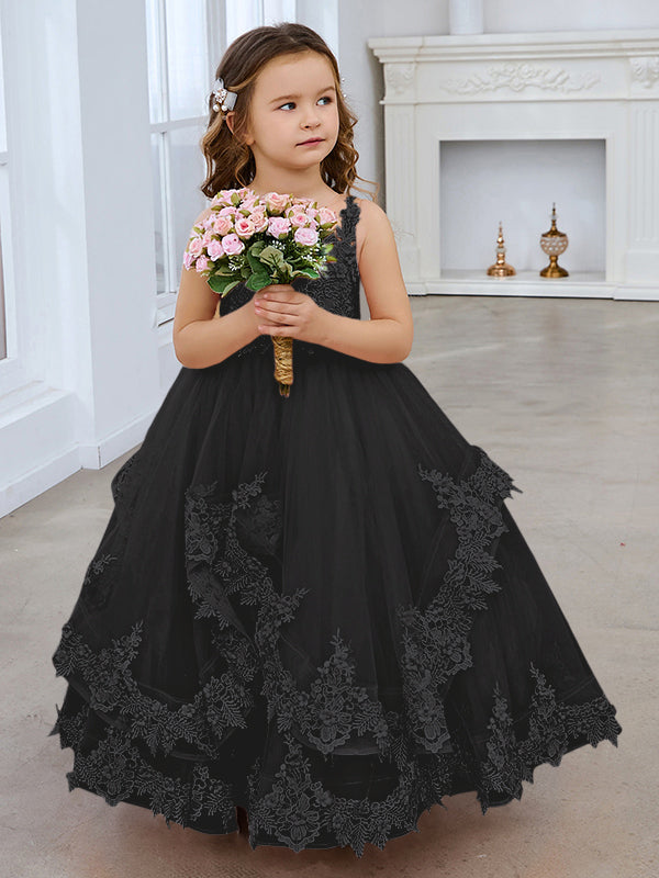Vestido de princesa sin mangas de tul con apliques de encaje y cola corta para niñas 