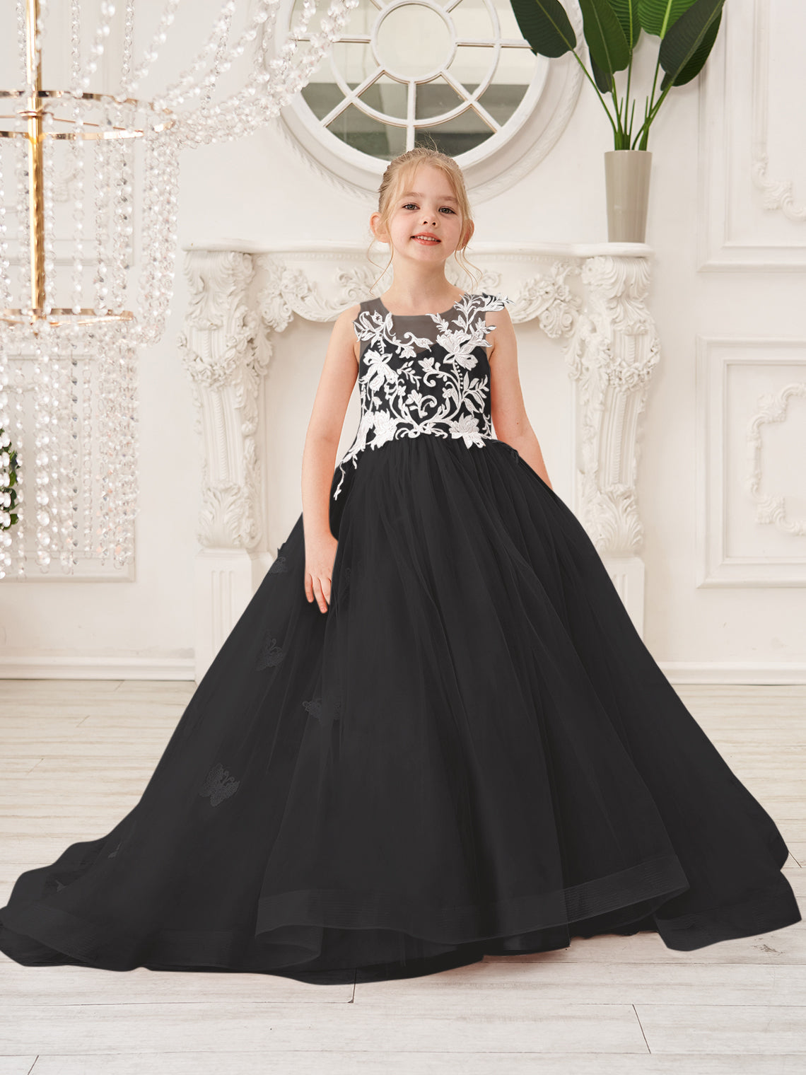 Elegante vestido de princesa sin mangas de tul para niña de las flores, corte en A 