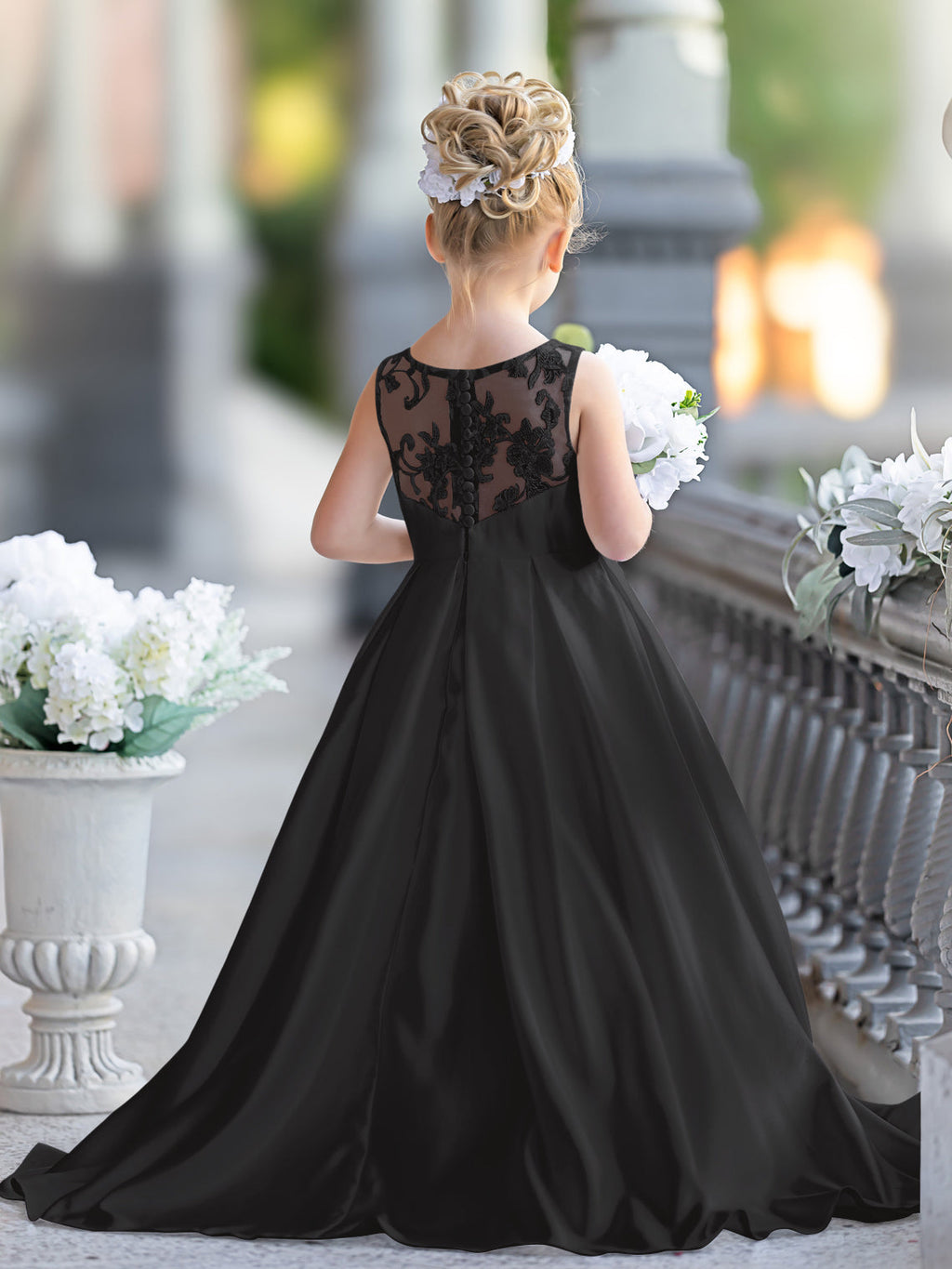 Vestido de niña de las flores para la Primera Comunión, corte en A, encaje y satén, hasta el suelo 