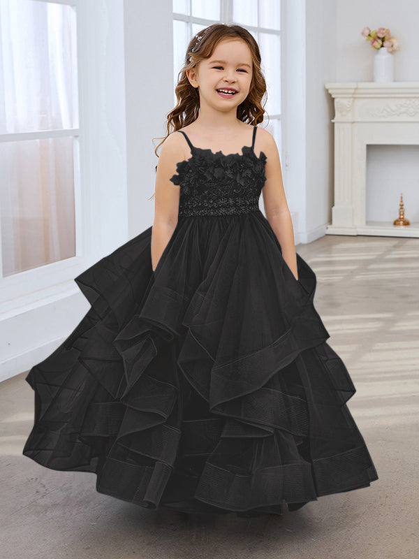 Vestido de niña de las flores de tul sin mangas, corte princesa, azul pizarra, corte en A, estilo princesa 