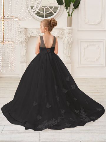 Elegante vestido de princesa sin mangas de tul para niña de las flores, corte en A 