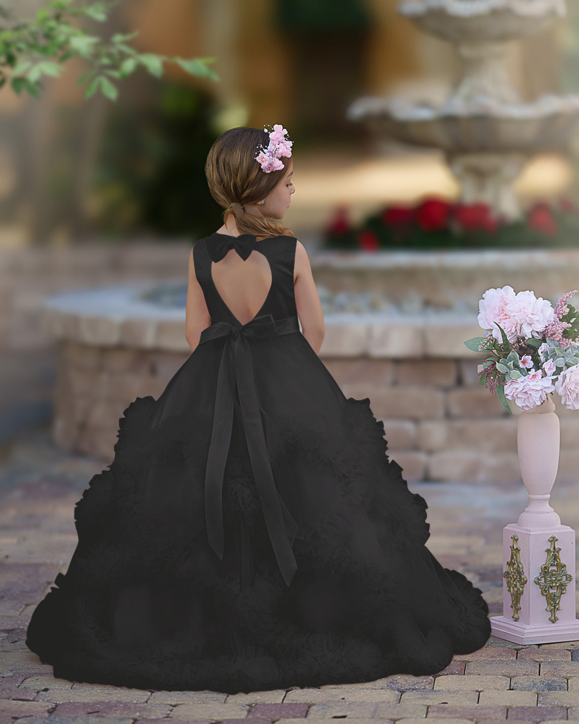 Vestido de niña de las flores de corte A, de satén y tul, hasta el suelo, con volantes en cascada. 