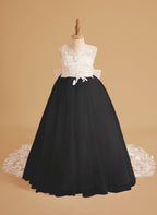 Vestido de niña de las flores sin mangas de encaje y tul con cuentas, estilo princesa de ensueño 