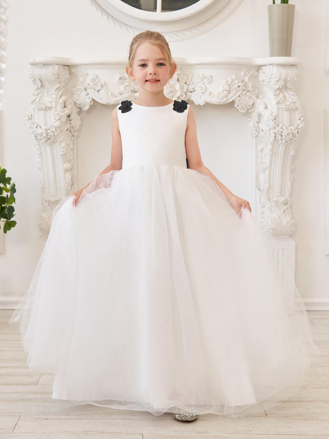 Vestido de princesa/de princesa con flores 3D de tul hasta el suelo, color marfil, para niña de las flores 
