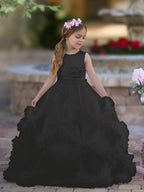 Vestido de niña de las flores de corte A, de satén y tul, hasta el suelo, con volantes en cascada. 