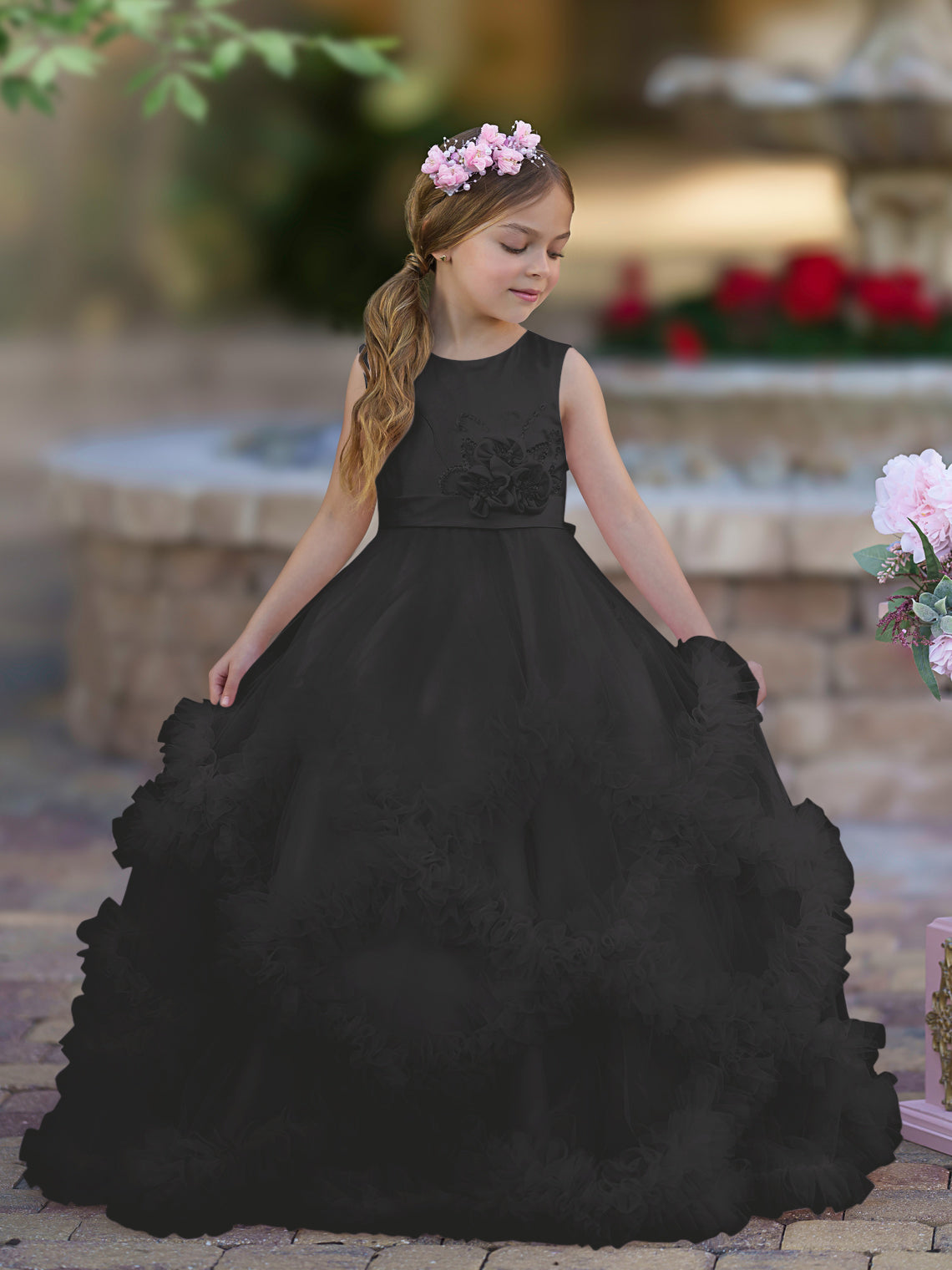 Vestido de niña de las flores de corte A, de satén y tul, hasta el suelo, con volantes en cascada. 