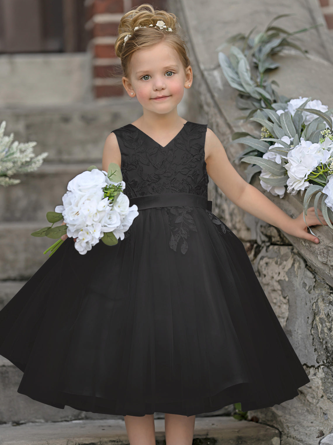 Vestido de niña de las flores sin mangas de tul y encaje hasta la rodilla 