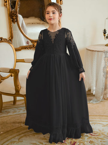 Vestido de Primera Comunión color marfil, corte en A, de gasa hasta el suelo 