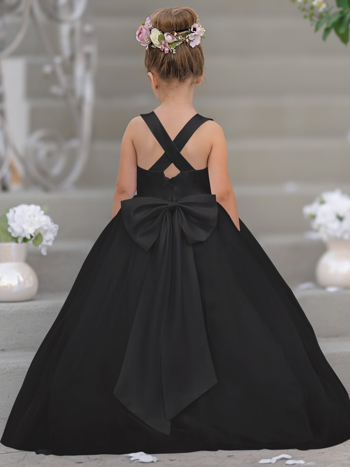Robe de demoiselle d'honneur intemporelle en satin et tulle, coupe trapèze, sans manches 