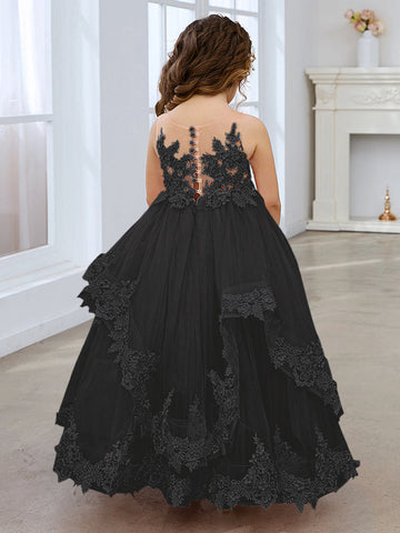 Vestido de princesa sin mangas de tul con apliques de encaje y cola corta para niñas 