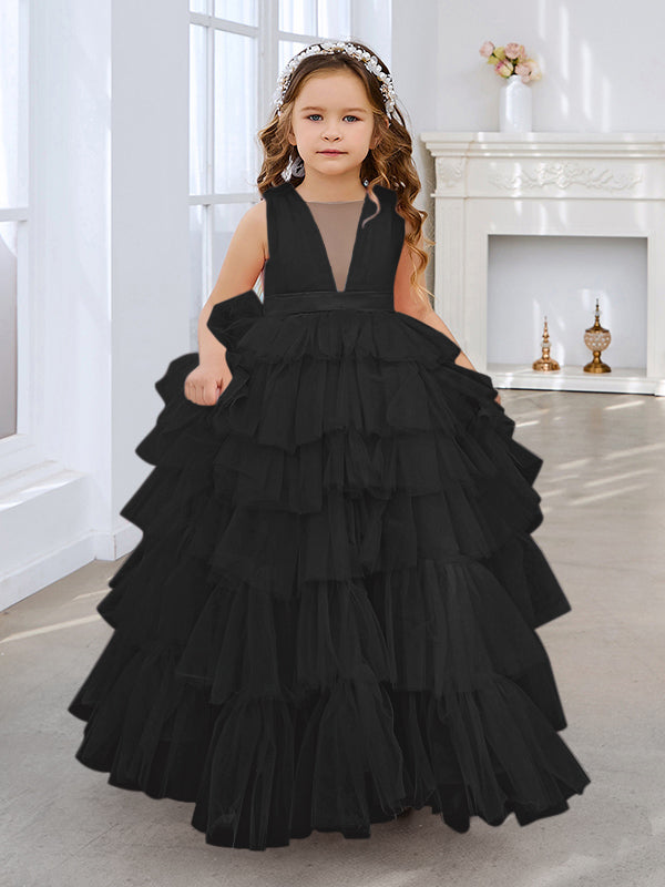 Vestido de princesa rosa perla sin mangas para niña de las flores con lazo de tul 