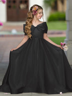 Elegante vestido de princesa de satén marfil con cola y lazo para niñas de las flores 