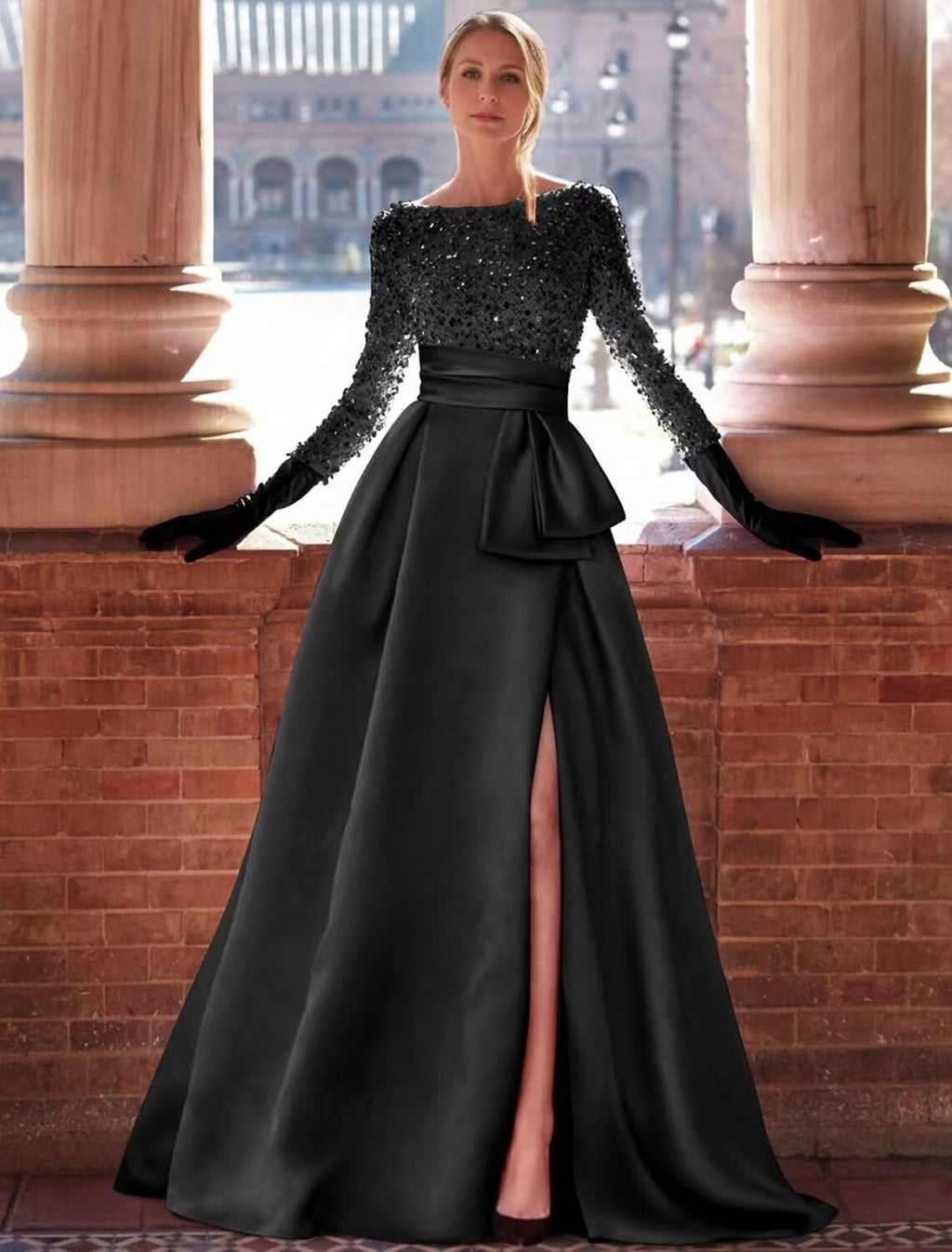 Vestidos formales dorados, vestido dorado, vestido de noche con abertura alta