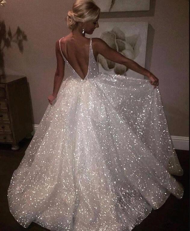 Bling Open Back Sleeveless Prom Dresses A-Line Shiny Evening Gowns