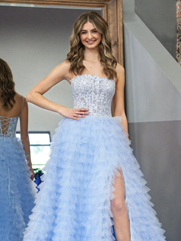 Robe de bal longue bleu ciel en tulle à sequins et sequins, coupe trapèze, à volants