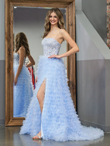 Robe de bal longue bleu ciel en tulle à sequins et sequins, coupe trapèze, à volants