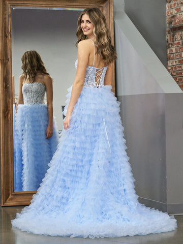 Robe de bal longue bleu ciel en tulle à sequins et sequins, coupe trapèze, à volants
